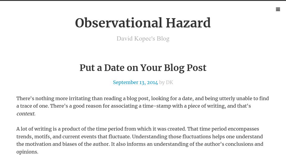 Screenshot of observationalhazard.com: Put a date on your blog post (2014)