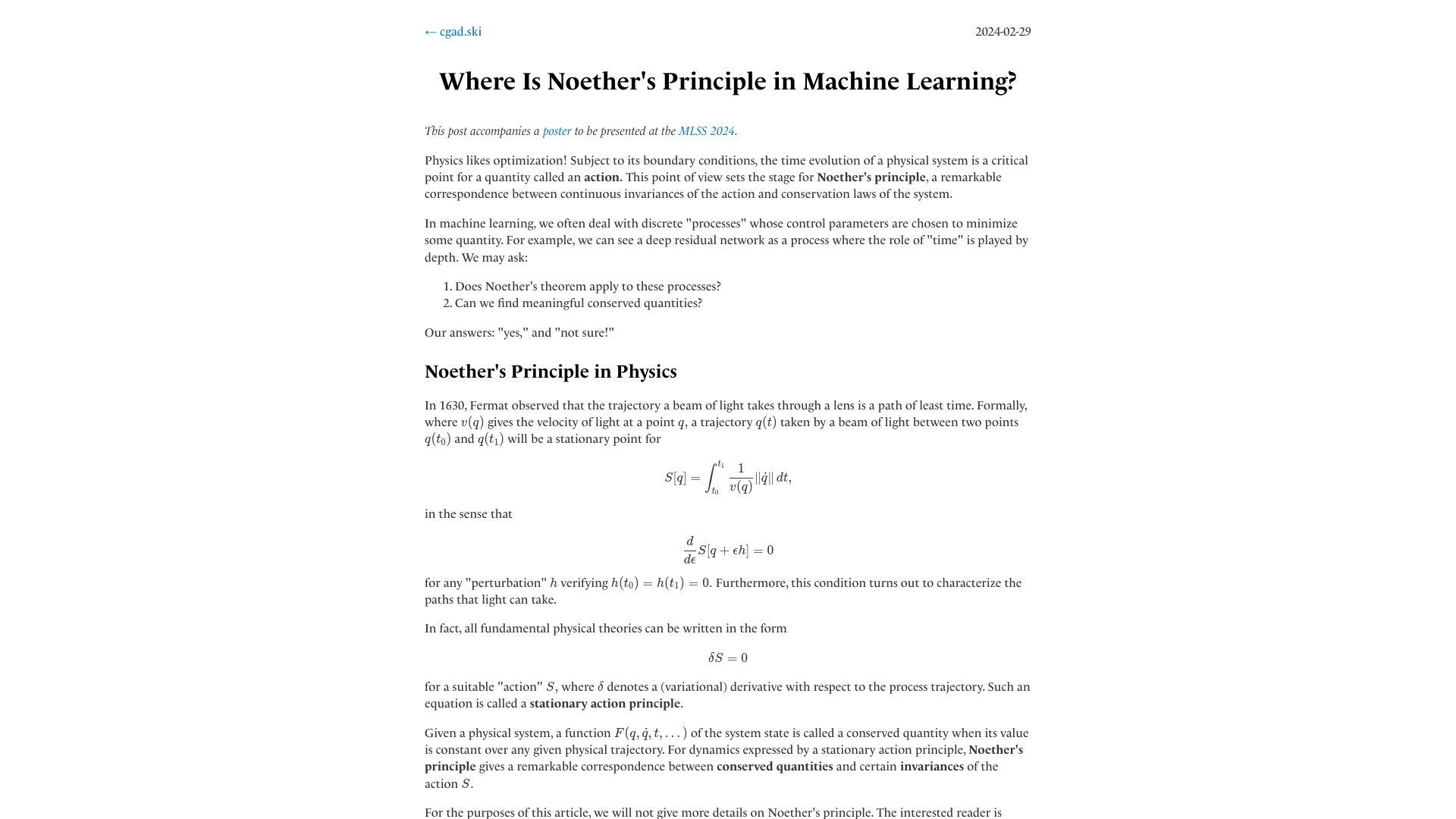 Screenshot of cgad.ski: Where is Noether's principle in machine learning?