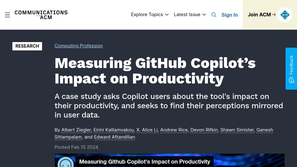 Screenshot of cacm.acm.org: Measuring GitHub Copilot's impact on productivity