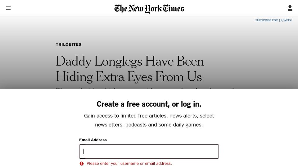 Screenshot of nytimes.com: A daddy-longlegs possesses six eyes, including two vestigial pairs