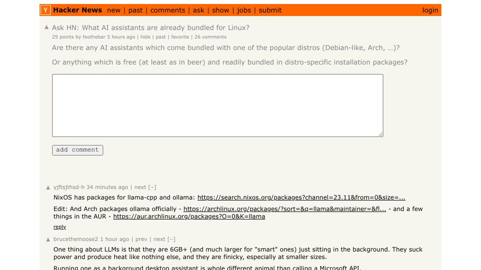 Screenshot of Hacker News post: Ask HN: What AI assistants are already bundled for Linux?