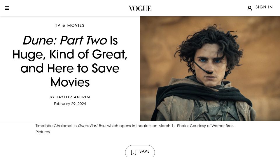 Screenshot of vogue.com: Dune: Part Two Is Huge, Kind of Great, and Here to Save Movies