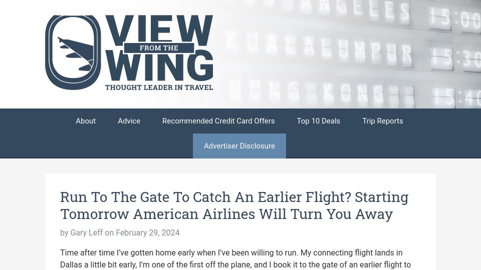 Screenshot of viewfromthewing.com: Run to the Gate to Catch an Earlier Flight? American Will Now Turn You Away