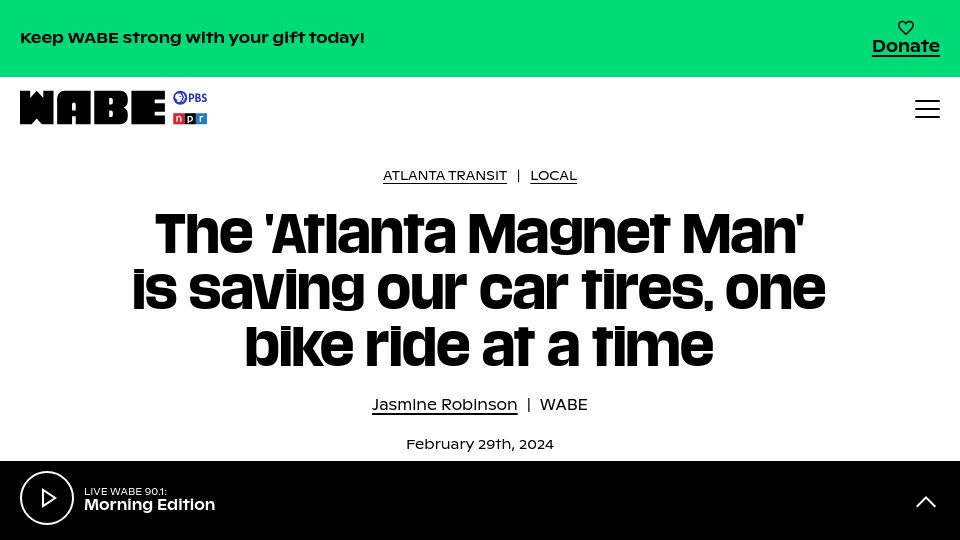 Screenshot of wabe.org: The 'Atlanta Magnet Man' is saving our car tires, one bike ride at a time