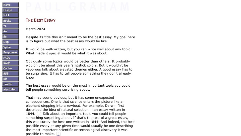 Screenshot of paulgraham.com: The Best Essay
