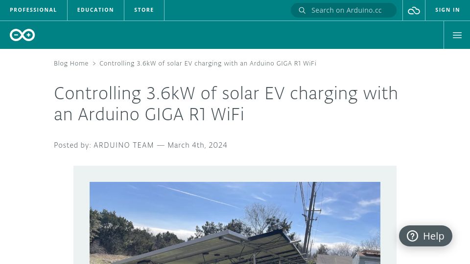 Screenshot of blog.arduino.cc: Controlling 3.6kW of Solar EV Charging with an Arduino GIGA R1 WiFi