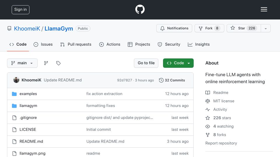 Screenshot of github.com: Show HN: LlamaGym – fine-tune LLM agents with online reinforcement learning