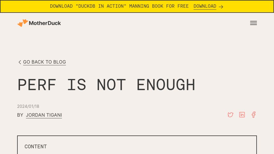 Screenshot of motherduck.com: Perf Is Not Enough