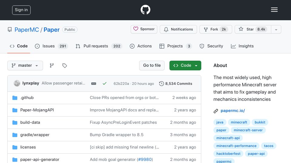 Screenshot of github.com: PaperMC/Paper: The most widely used, high performance Minecraft server