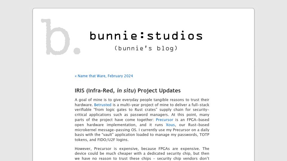 Screenshot of bunniestudios.com: Iris (Infra-Red, in Situ) Silicon Verification Project Updates