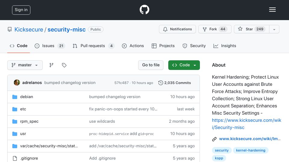 Screenshot of github.com: Kernel Hardening: Protect Linux user accounts against brute force attacks