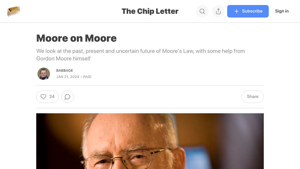 Screenshot of thechipletter.substack.com: Moore on Moore – The past, present and uncertain future of Moore's Law