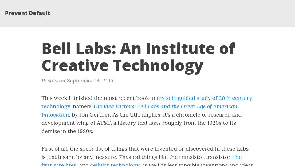 Screenshot of sts10.github.io: Bell Labs: An Institute of Creative Technology (2015)