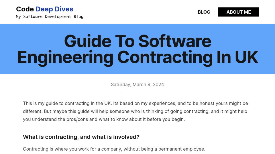 Screenshot of codedeepdives.com: My Guide to Software Engineering Contracting in UK