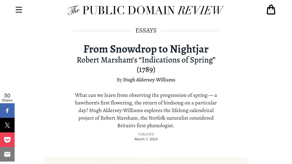 Screenshot of publicdomainreview.org: From Snowdrop to Nightjar: Robert Marsham's "Indications of Spring" (1789)