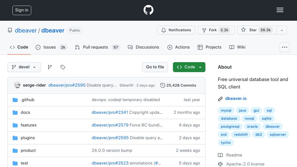 Screenshot of github.com: DBeaver – open-source database client