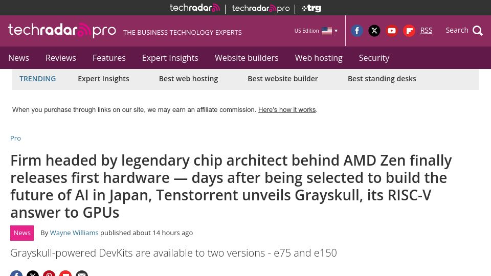Screenshot of techradar.com: Tenstorrent unveils Grayskull, its RISC-V answer to GPUs