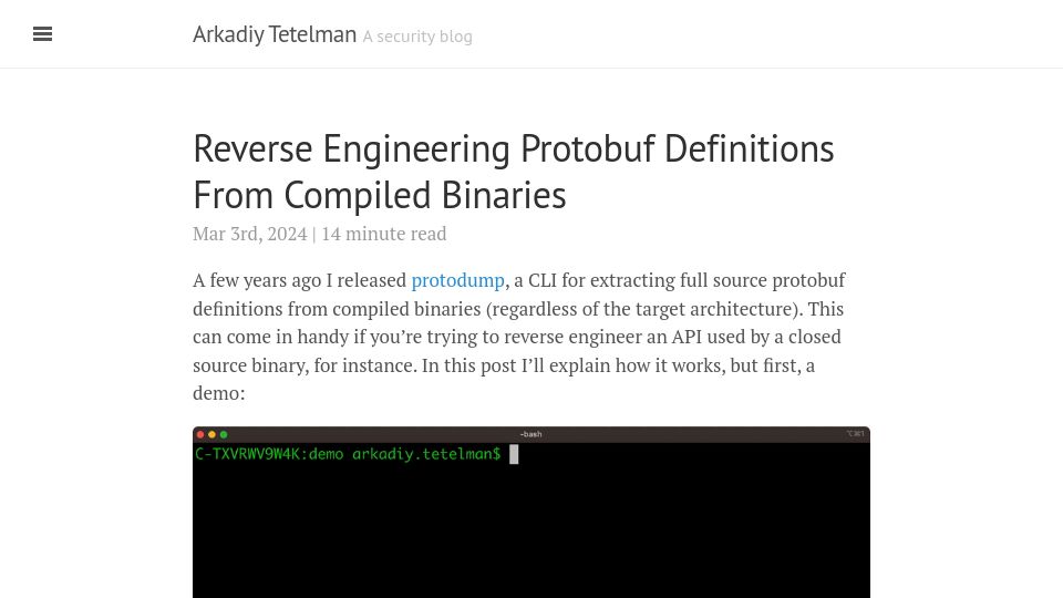 Screenshot of arkadiyt.com: Reverse Engineering Protobuf Definitions from Compiled Binaries
