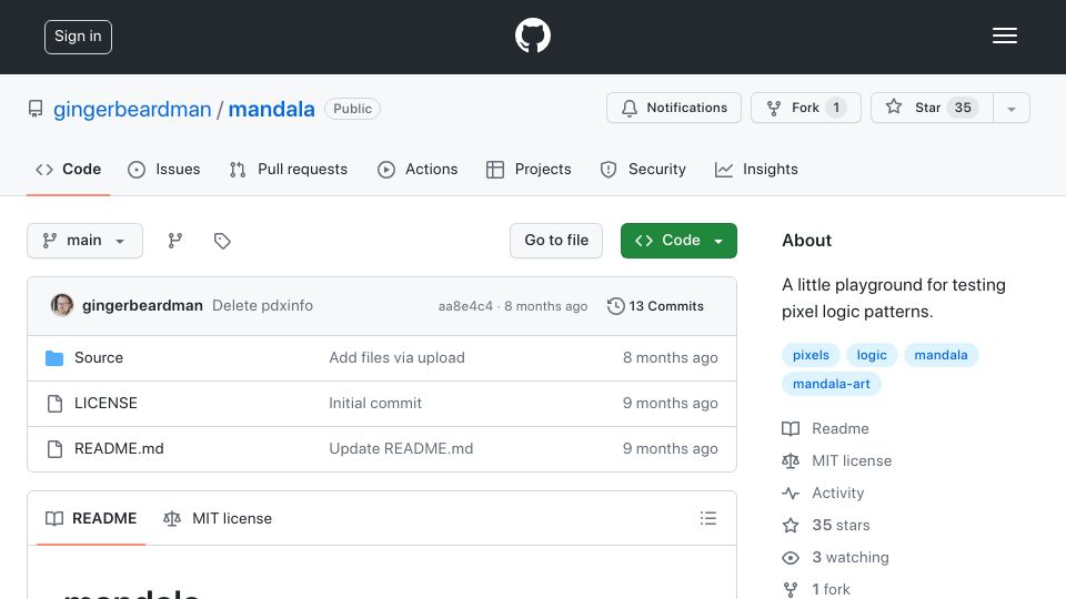 Screenshot of github.com: Mandala: A little plaground for testing pixel logic patterns