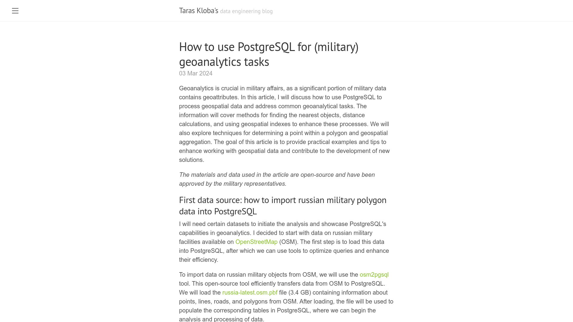 Screenshot of klioba.com: Using PostgreSQL for military geoanalytics tasks