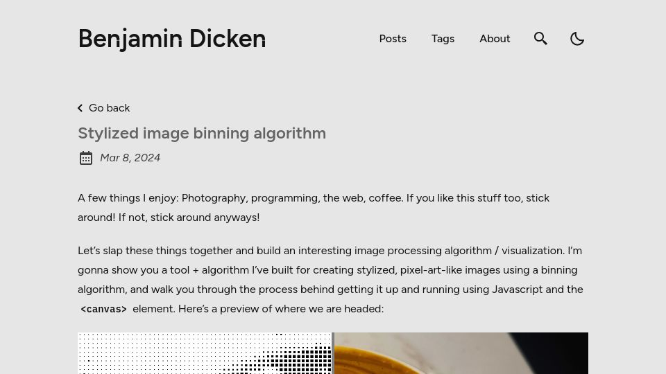 Screenshot of benjdd.com: Stylized image binning algorithm, for the web
