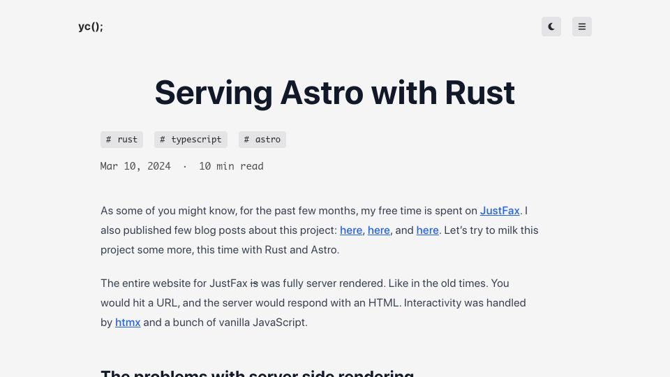 Screenshot of yieldcode.blog: Serving Astro with Rust