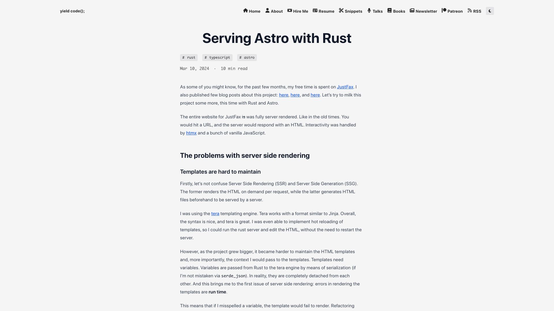 Screenshot of yieldcode.blog: Serving Astro with Rust