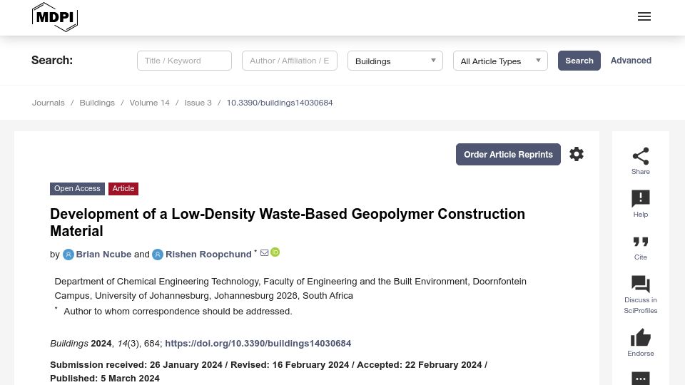 Screenshot of mdpi.com: Development of a Low-Density Waste-Based Geopolymer Construction Material