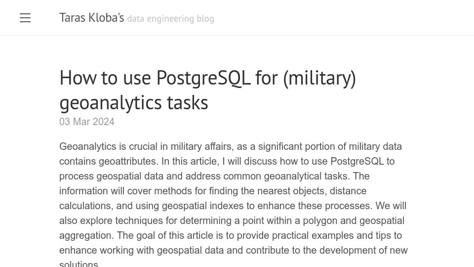 Screenshot of klioba.com: Using PostgreSQL for military geoanalytics tasks
