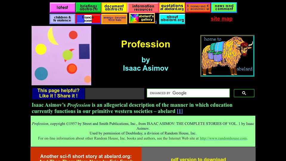 Screenshot of abelard.org: Profession by Isaac Asimov (1957)
