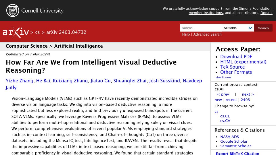 Screenshot of arxiv.org: How far are we from intelligent visual deductive reasoning?