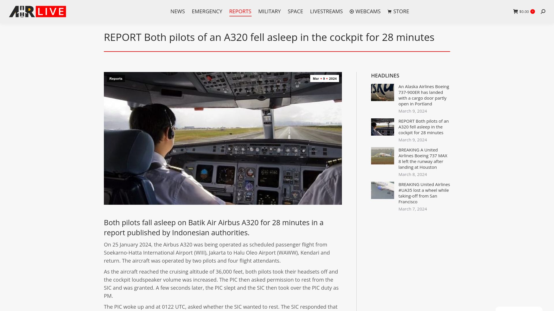 Screenshot of airlive.net: Both pilots of an A320 fell asleep in the cockpit for 28 minutes