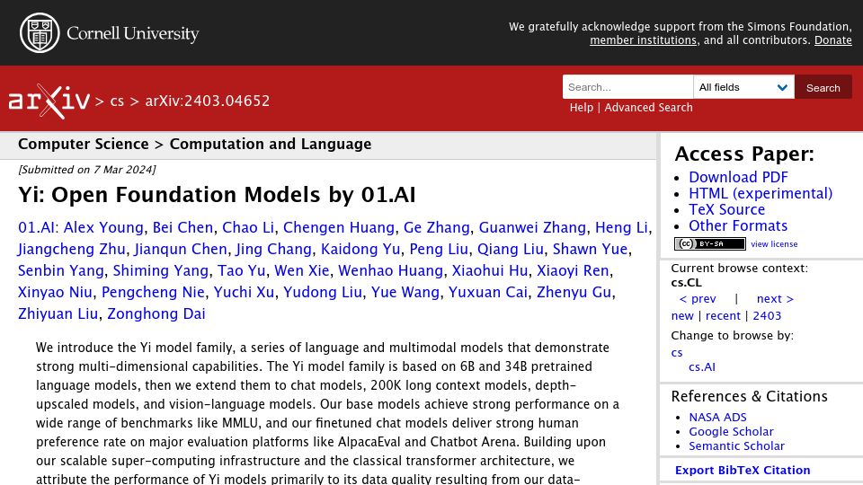 Screenshot of arxiv.org: Yi: Open Foundation Models by 01.AI