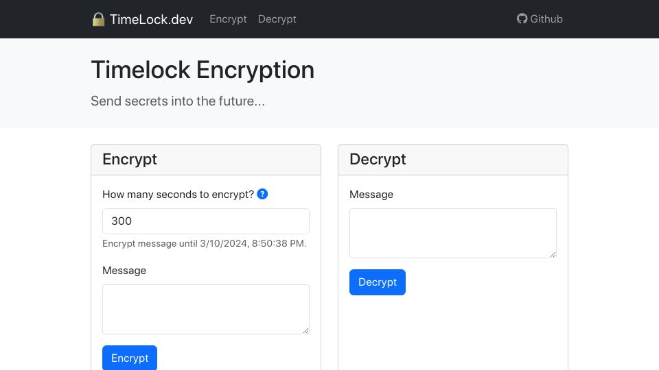 Screenshot of timelock.dev: Show HN: Timelock.dev – Send a secret into the future using timelock encryption