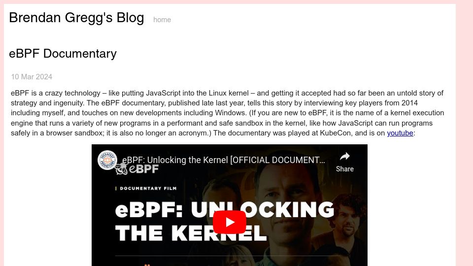 Screenshot of brendangregg.com: The EBF Documentary