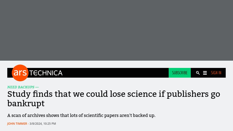 Screenshot of arstechnica.com: Study finds that we could lose science if publishers go bankrupt