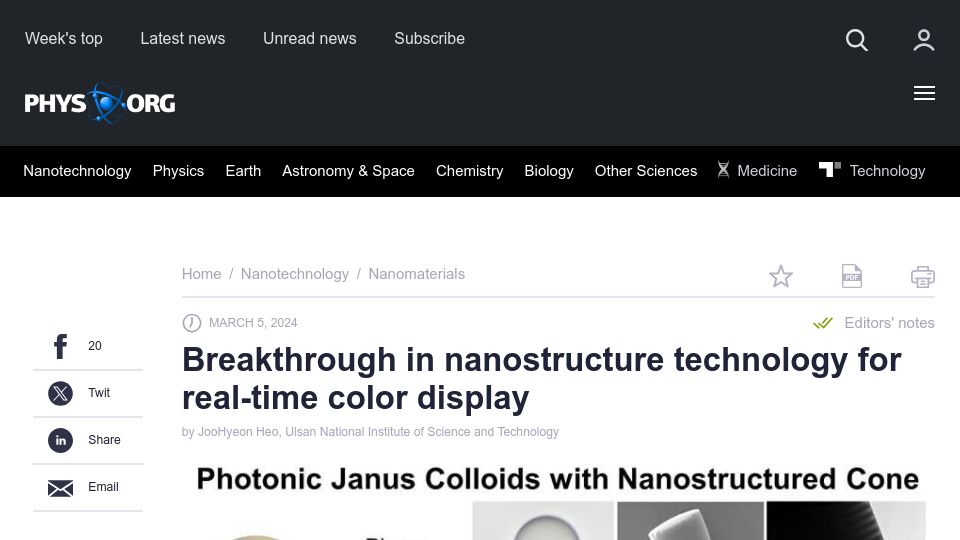 Screenshot of phys.org: Breakthrough in nanostructure technology for real-time color display