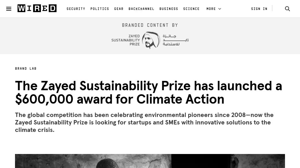 Screenshot of wired.com: The Zayed Sustainability Prize has launched a US$600K award for Climate Action