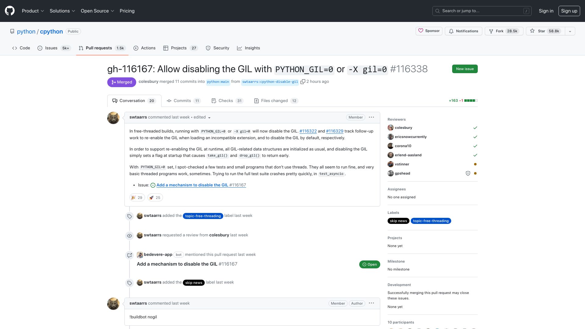 Screenshot of github.com: gh-116167: Allow disabling the GIL