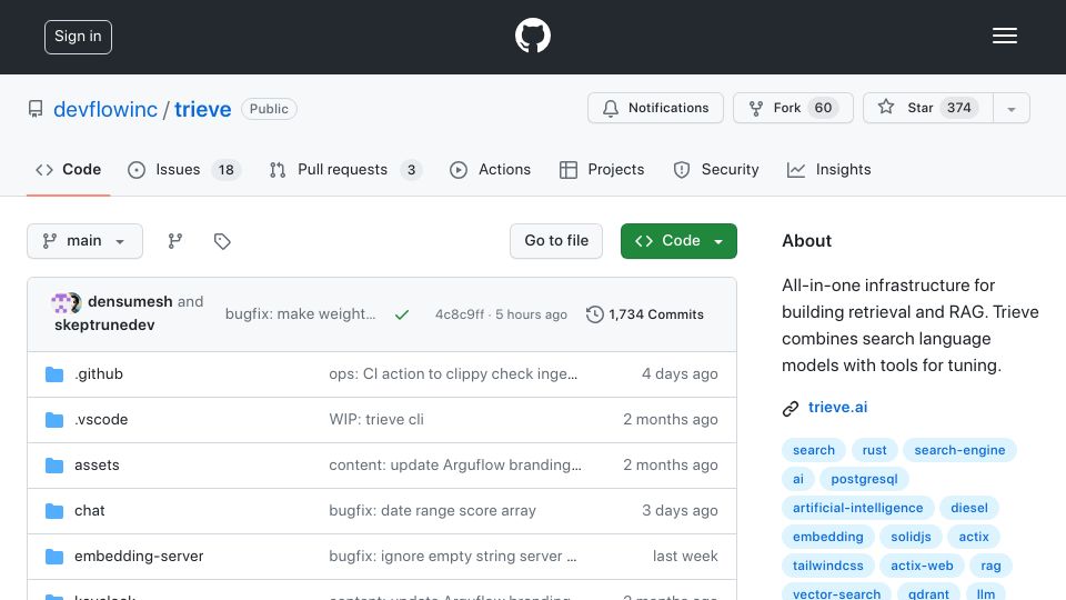 Screenshot of github.com: Open-source Rust-based RAG