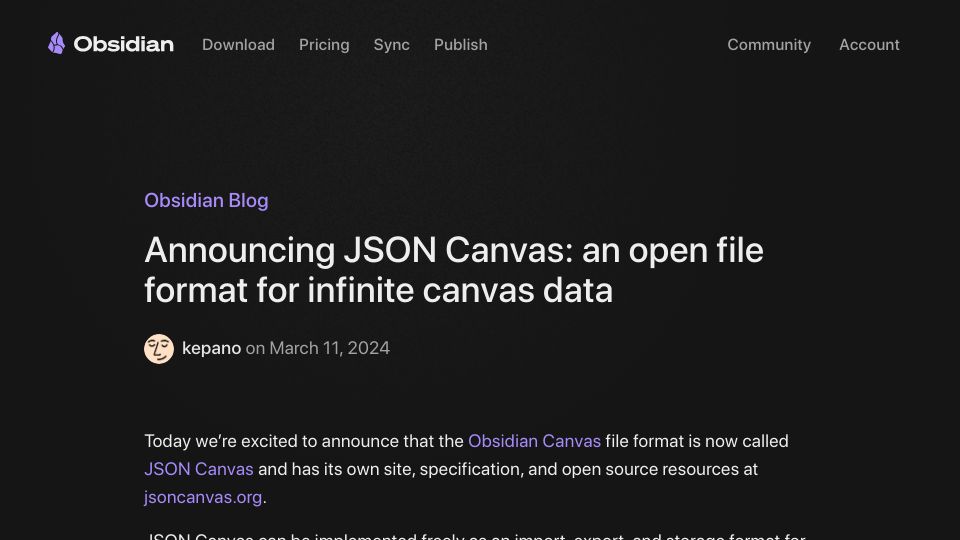 Screenshot of obsidian.md: JSON Canvas: an open file format for infinite canvas data