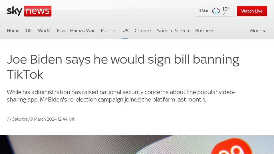 Screenshot of news.sky.com: Joe Biden says he would sign bill banning TikTok