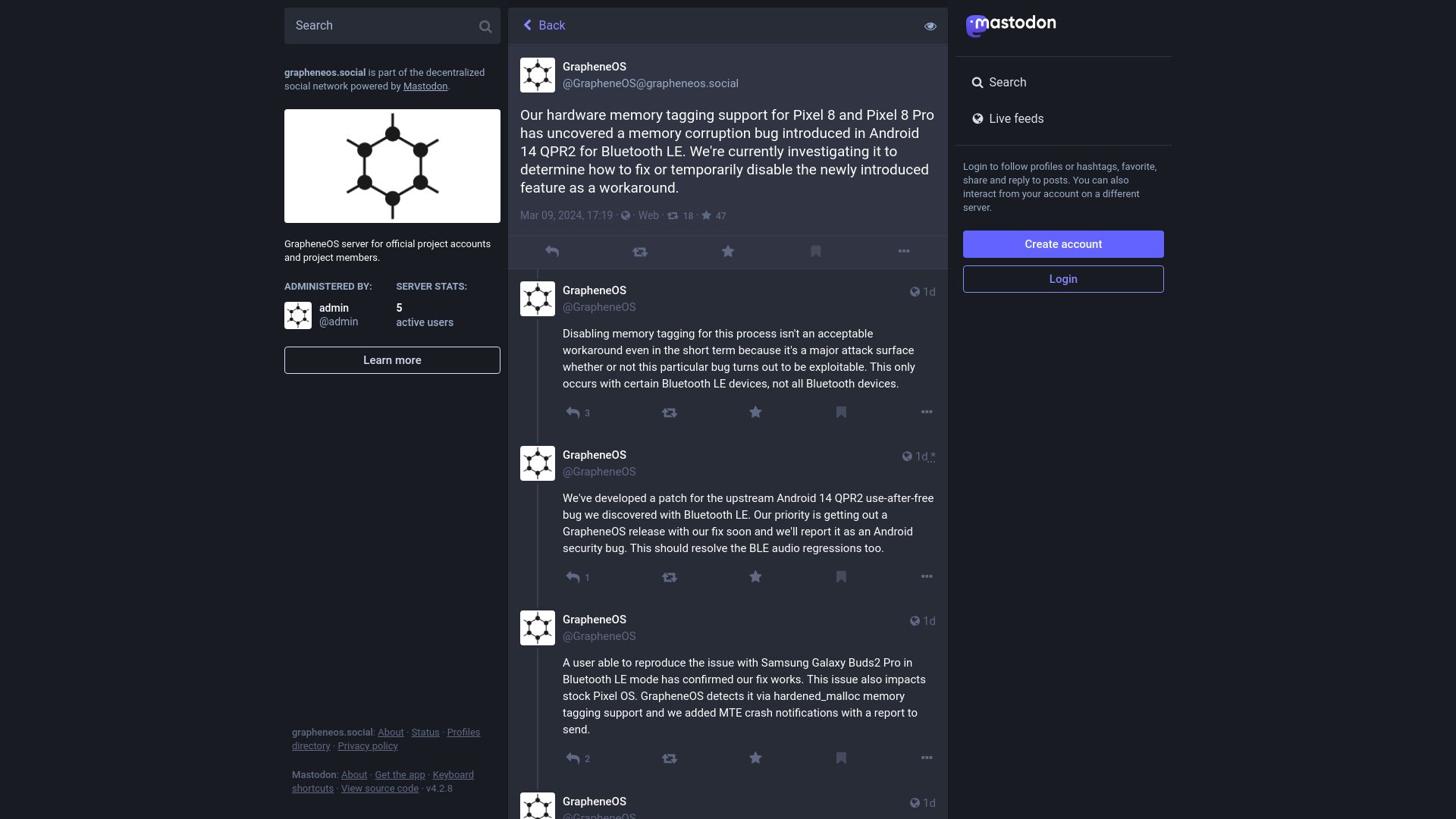 Screenshot of grapheneos.social: GrapheneOS finds Bluetooth memory corruption via ARM MTE