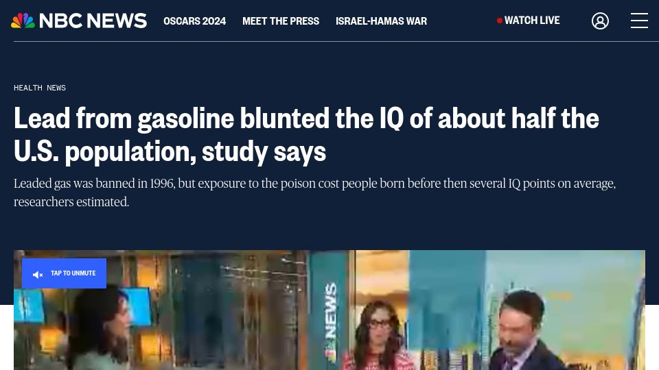 Screenshot of nbcnews.com: Lead in gasoline blunted IQ of half the U.S. population, study says