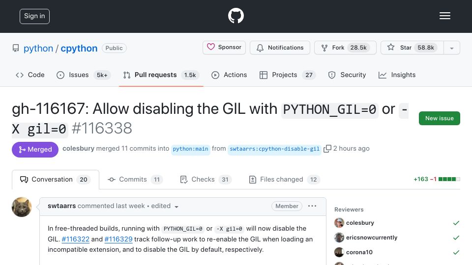 Screenshot of github.com: gh-116167: Allow disabling the GIL