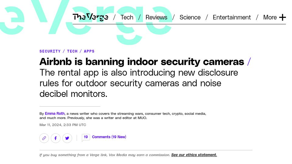 Screenshot of theverge.com: Airbnb is banning indoor security cameras