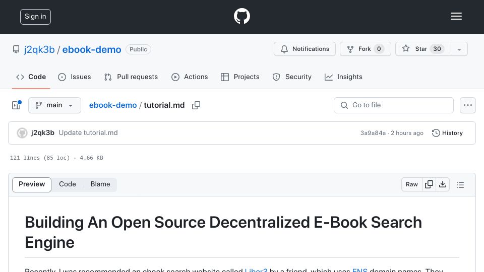 Screenshot of github.com: Building an Open Source Decentralized E-Book Search Engine