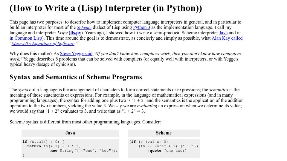 Screenshot of norvig.com: (How to Write a (Lisp) Interpreter (In Python)) (2010)