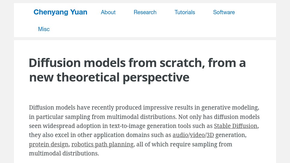 Screenshot of chenyang.co: Diffusion models from scratch, from a new theoretical perspective