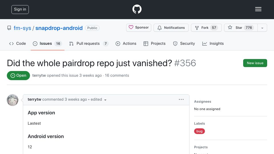 Screenshot of github.com: Did the whole pairdrop repo just vanish